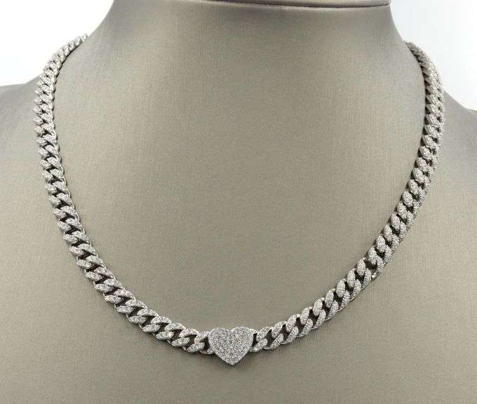 925 Sterling silver Cuban chain cubic zirconia necklace with heart shaped pendant