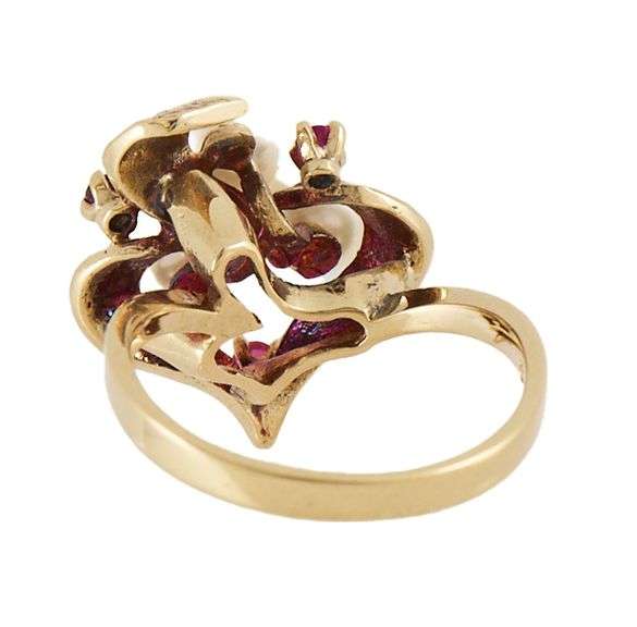 Vintage Mikimoto Pearl and 0.09ctw Ruby Bow Style Ring in 14K