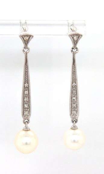 14kt White gold Vintage style Milgrain pearl and diamond accent dangle earrings