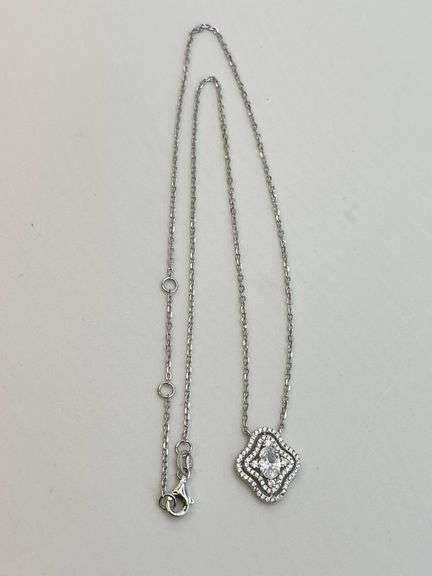 925 Sterling Silver Oval Shape Center Crystal Pendant With Doble Halo Design Necklace