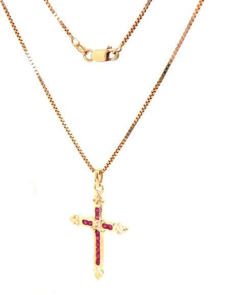 14kt Yellow gold ruby cross pendant on chain
