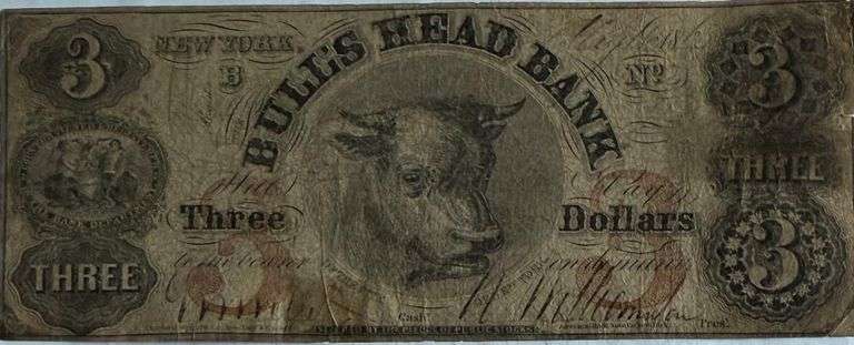 $3 Bulls Head Bank 1865 NY Note