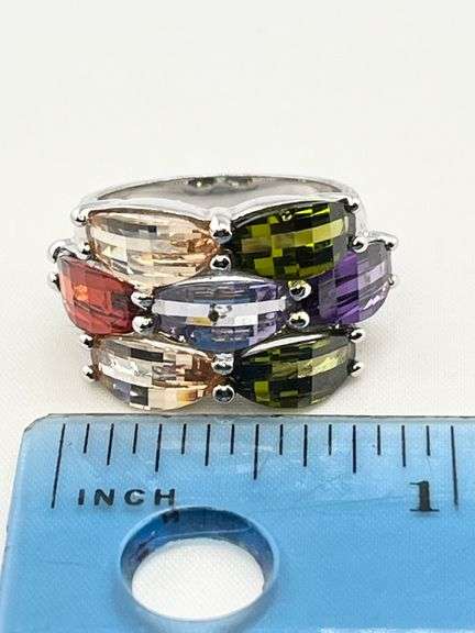 925 Sterling Silver Baguette Cut Multi Color Stones Ring