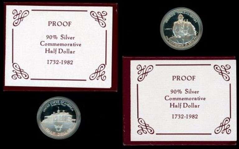 2 1982 George Washington Proof Silver Half Dollars in Box w/CoA.