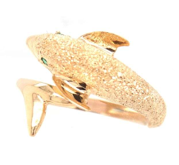 14kt Yellow gold emerald eye Dolphin ring