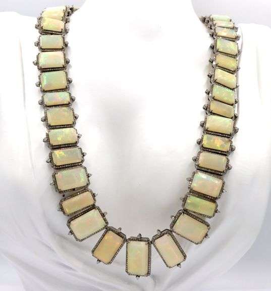 Jaw Dropping Brand New European 128.70CTW  Emerald-Cut Ethiopian Opal W/ Fire & 8.73CTW Diamond Neck