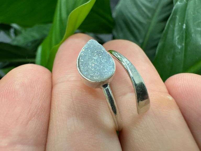 Sterling Silver 925 Titanium Coated Druzy Agate Crystal Stone Ring Adjustable Spoon Band