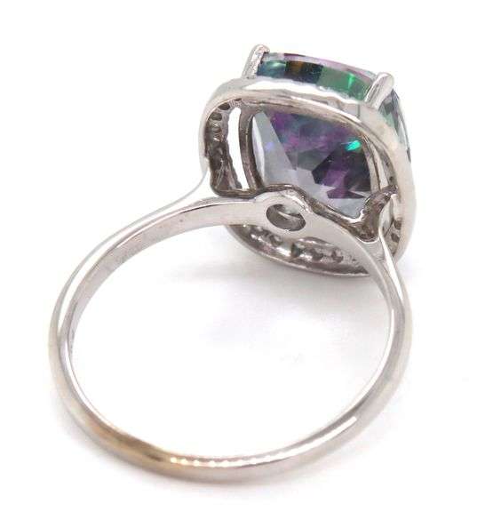14kt White gold Cushion mystic topaz and diamond halo ring