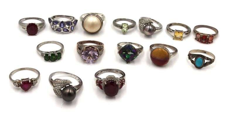Group lot of 15 vintage 925 sterling silver gemstone rings