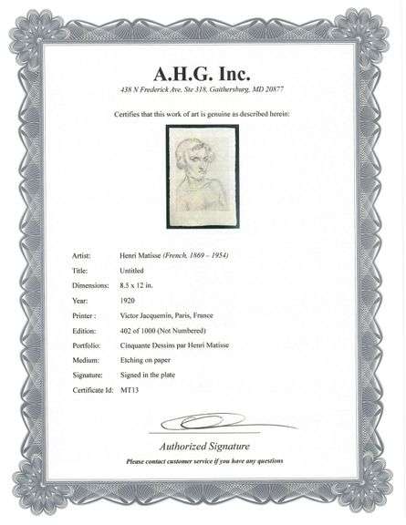 Very rare Henri Matisse etching signed in the plate, C.1920, from the series of Cinquante Dessins