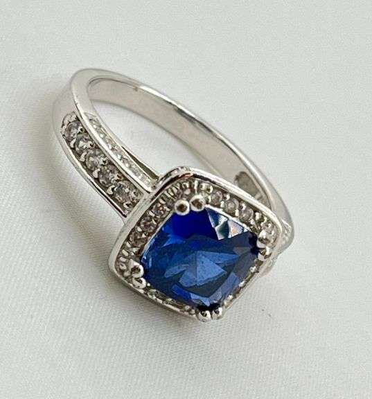 925 Sterling Silver Two Carat Blue Sapphire With CZ Halo ring