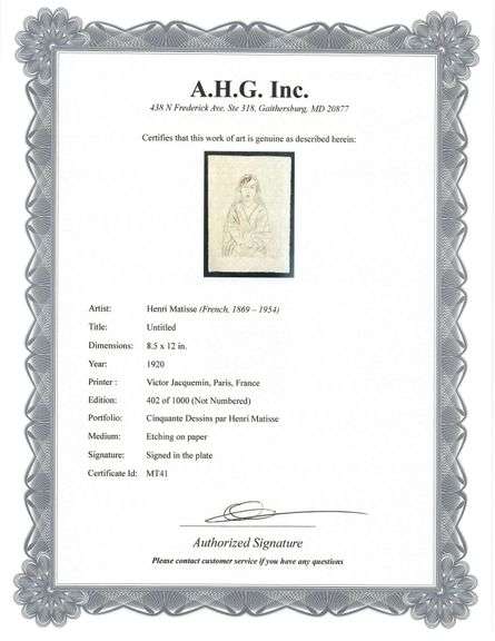 Very rare Henri Matisse etching signed in the plate, C.1920, from the series of Cinquante Dessins