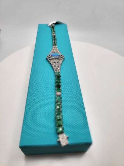 Art Deco Opal and Emerald Silver Bracelet with Diamond Accents