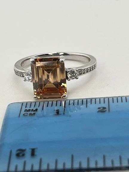 925 Sterling Silver Emerald Cut Peach Morganite With Crystal pave Accent Ring