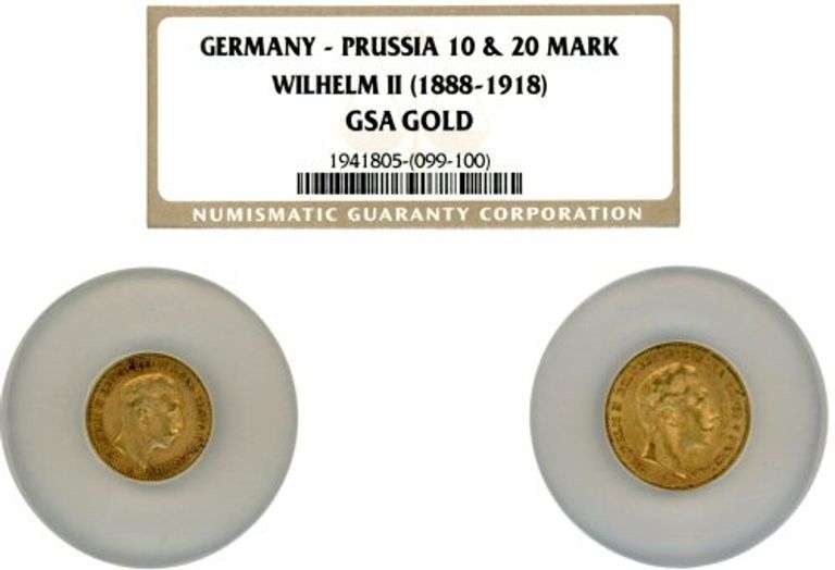 Germany (Prussia) 10 & 20 Mark Gold Pieces. NGC GSA Gold graded