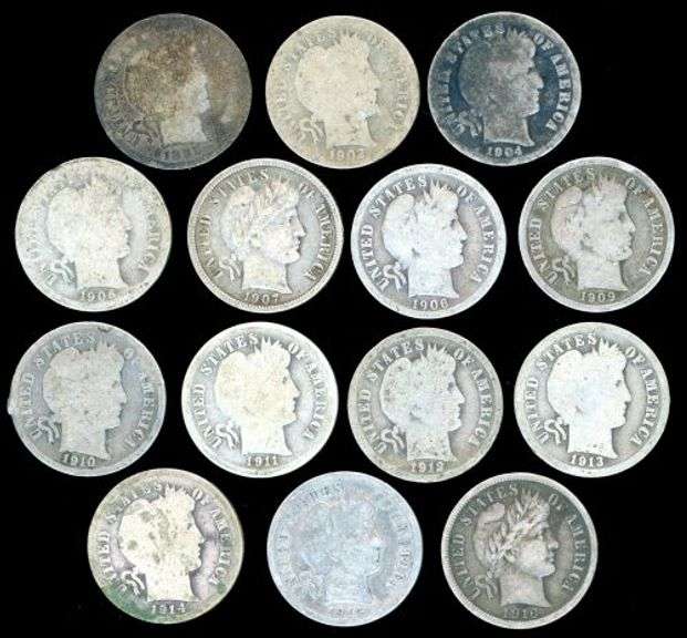 14 Different Barber Silver Dimes: 1892 to 1916