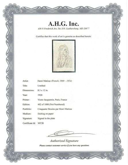 Very rare Henri Matisse etching signed in the plate, C.1920, from the series of Cinquante Dessins