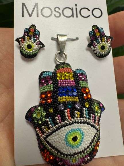 Original Handmade Mosaico Hamsa Earrings & Pendant 925 Sterling Silver Mexico Artistic Jewelry