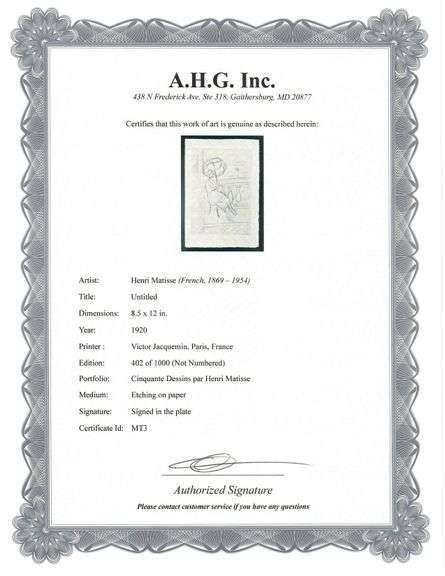 Very rare Henri Matisse etching signed in the plate, C.1920, from the series of Cinquante Dessins