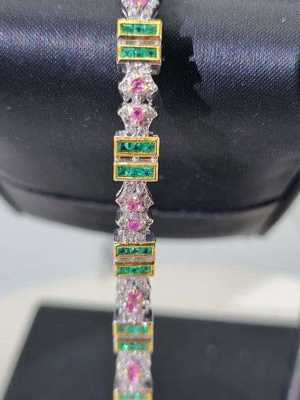 Old Fashion Silver Bracelet with high value Diamonds, Emeralds, and Rubies