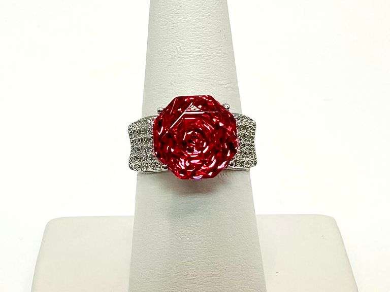 Stunning 14 kt. White Gold Plate 5 Ct Rose Cut Simulated Red Ruby Ring