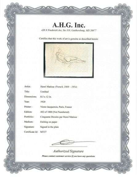 Very rare Henri Matisse etching signed in the plate, C.1920, from the series of Cinquante Dessins