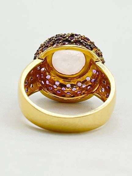 14KT Yellow Gold Cabochon Rose Quartz Center Stone Surrounded By Amethyst Halo Ring