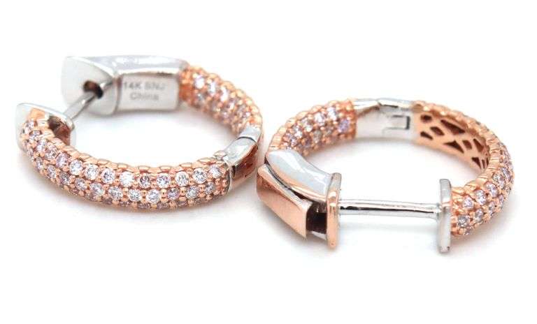 14kt Yellow gold 1ctw pave diamond in and out hoop earrings