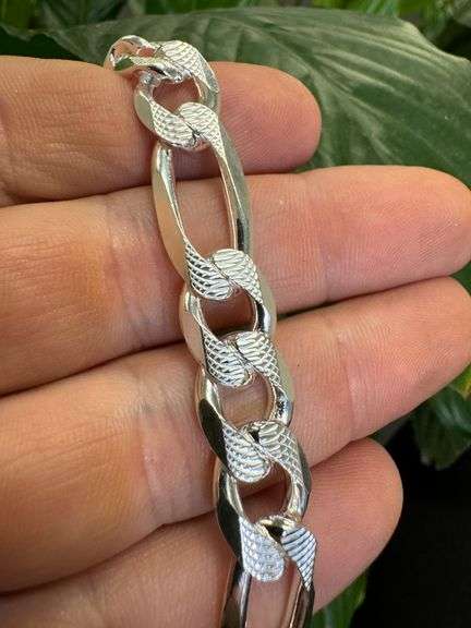 Men's 11.2mm .925 Sterling Silver Heavy Pave Figaro Chain Cuban Link Italy Necklace 24"