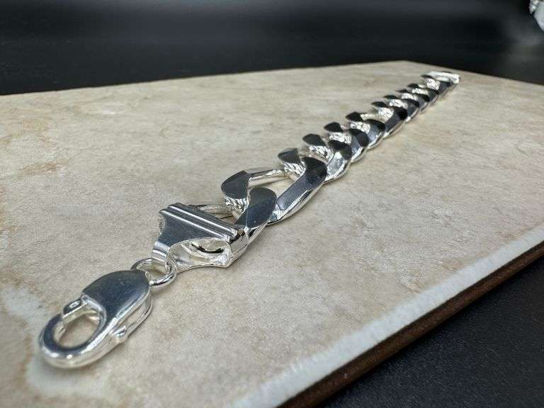 Men's 18mm Solid .925 Sterling Silver Flat Figaro Chain Link Italy Bracelet 9" inch