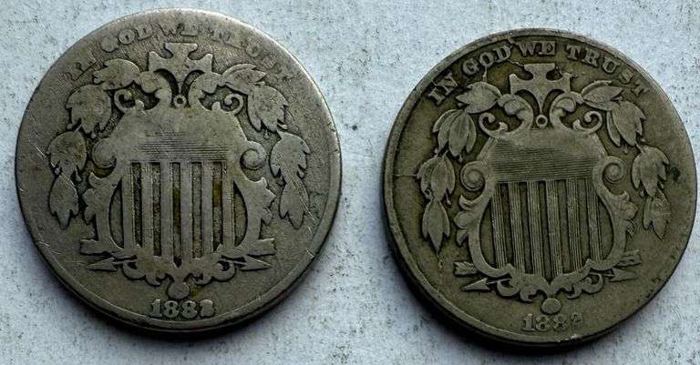 Two 1882 Shield Nickels