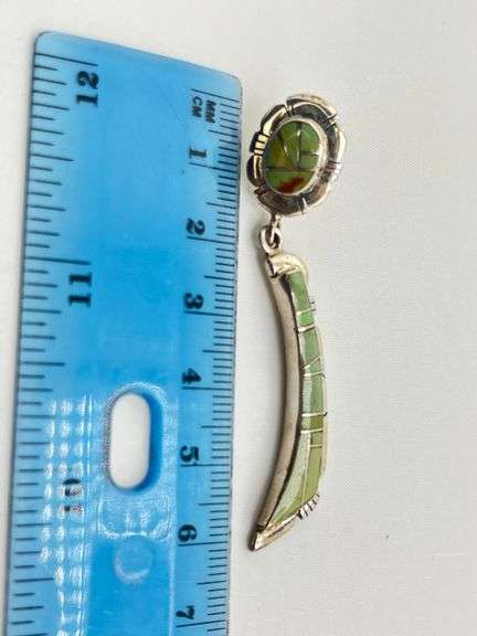 925 Sterling Silver Native American Navajo Drop Green Turquoise Earrings