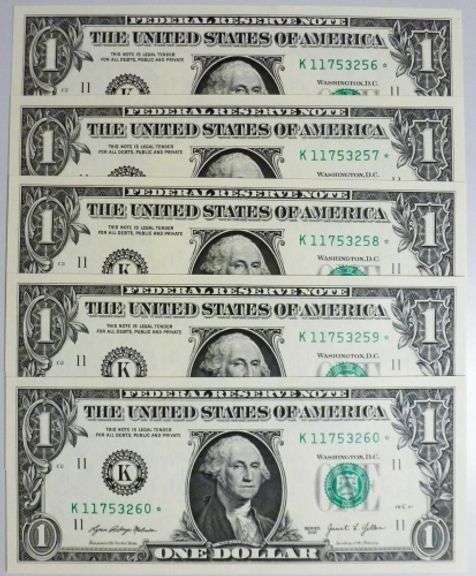 (5) Superb Crisp $1 2021 Star Replacement Notes Dallas-Consecutive!