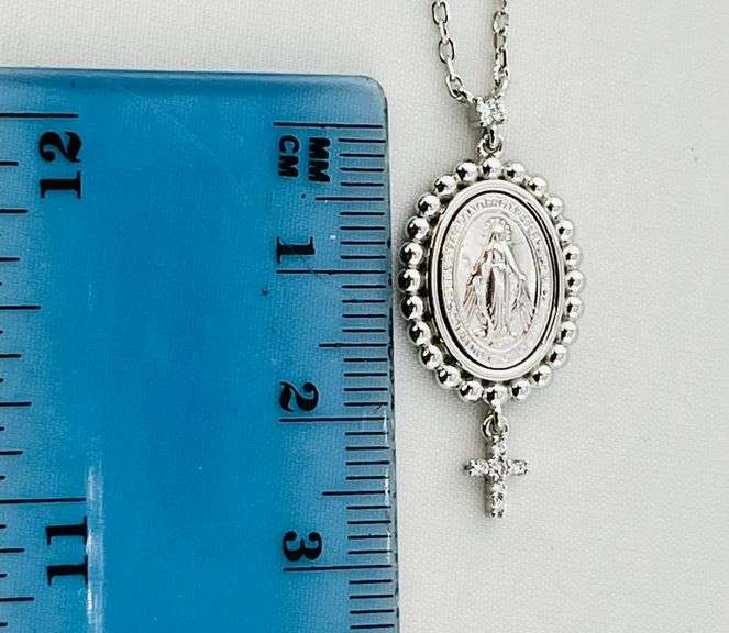 925 Sterling Silver  "Miraculous Medal" Bead Station With Virgin Mary With Small Cross Charm Necklac