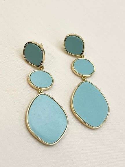 925 Gold Tone Sterling Silver Three Drop Blue Stone Earrings