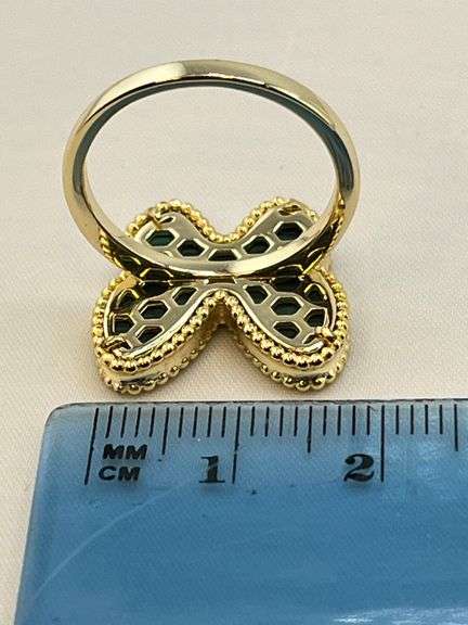 925 Sterling Silver Gold Tone Green Malachite Butterfly Ring