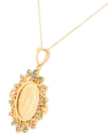 British Gold Sovereign Coin in Emerald and Ruby Frame Pendant Necklace in 18K and 22K