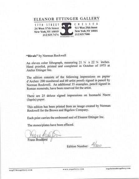 Exclusive Norman Rockwell Signed Limited Edition Lithograph "Rivals" with Pubilshers Certificate