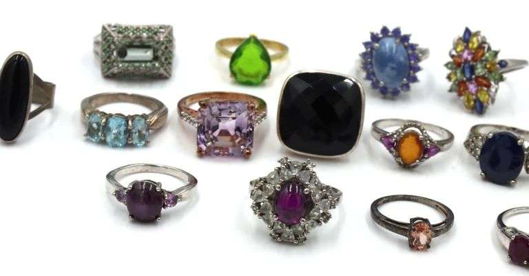 Group lot of 15 vintage 925 sterling silver gemstone rings