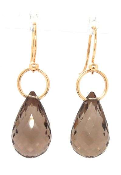 14kt Yellow gold teardrop smokey quartz dangle earrings