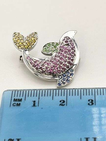 18KT White Gold Le Vian Multi Color Gem Stone Dolphin Brooch