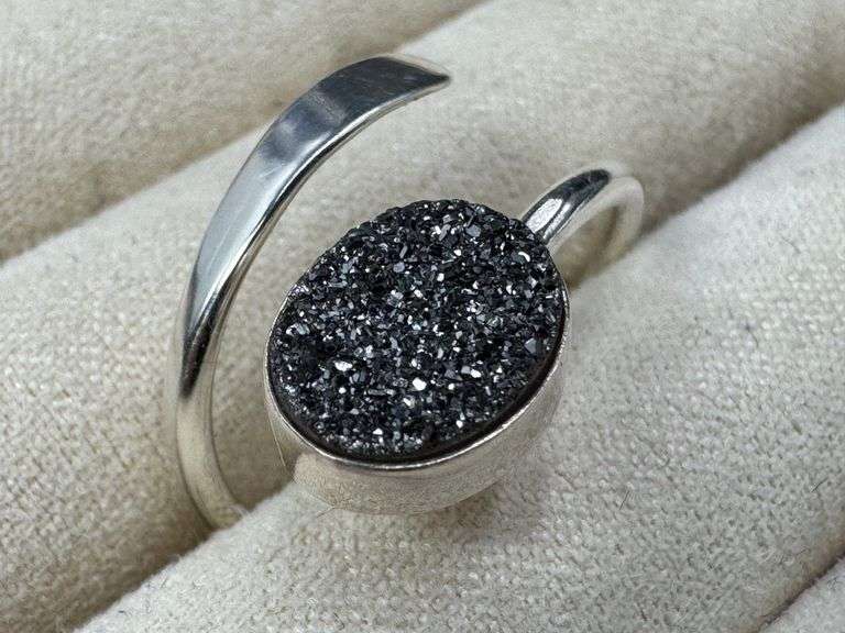 Sterling Silver 925 Titanium Coated Druzy Agate Crystal Stone Ring Adjustable Spoon Band