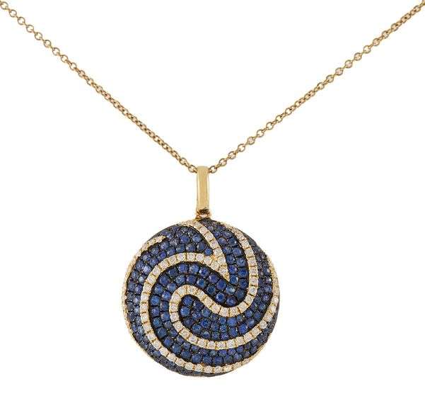 1.25ctw Pave Sapphire and 0.75ctw Diamond Swirl Circle Pendant Necklace in 18K