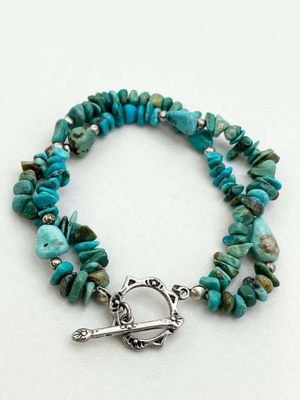Vintage 925 Sterling Silver Double Strand Turquoise Chip Bracelet