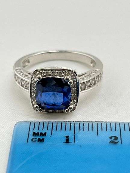 925 Sterling Silver Two Carat Blue Sapphire With CZ Halo ring