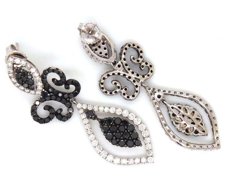 14kt White gold 2ctw black and white diamond dangle earrings