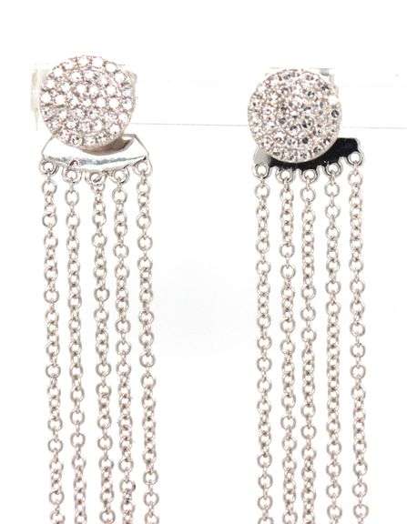 14kt White gold pave diamond stud earrings with fringe jacket earrings