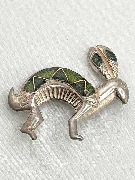 925 Sterling Silver Carolyn Pollack Relios Southwestern Rabbit With Green And Gold Inlay Brooch