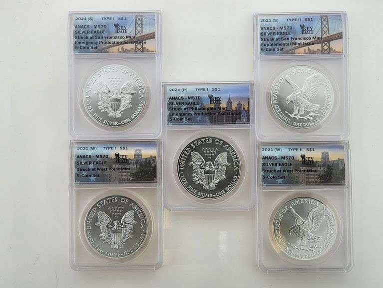 2021 (P)(S)(W) Type 1&2 Silver Eagle Coin Set Of 5, ANACS MS70