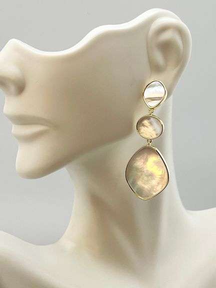 925 Gold Tone Sterling Silver  Mother of Pear; Three Drop Earrings